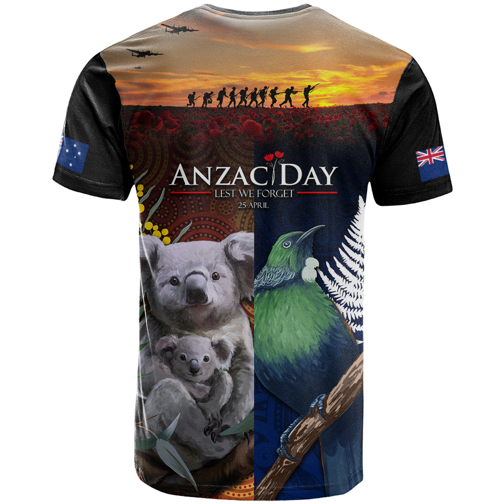 Australia and New Zealand ANZAC Day T Shirt Tui Bird and Koala mix Maori and Aboriginal Pattern - Vibe Hoodie Shop