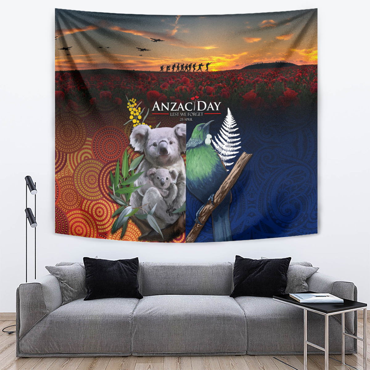 Australia and New Zealand ANZAC Day Tapestry Tui Bird and Koala mix Maori and Aboriginal Pattern - Vibe Hoodie Shop