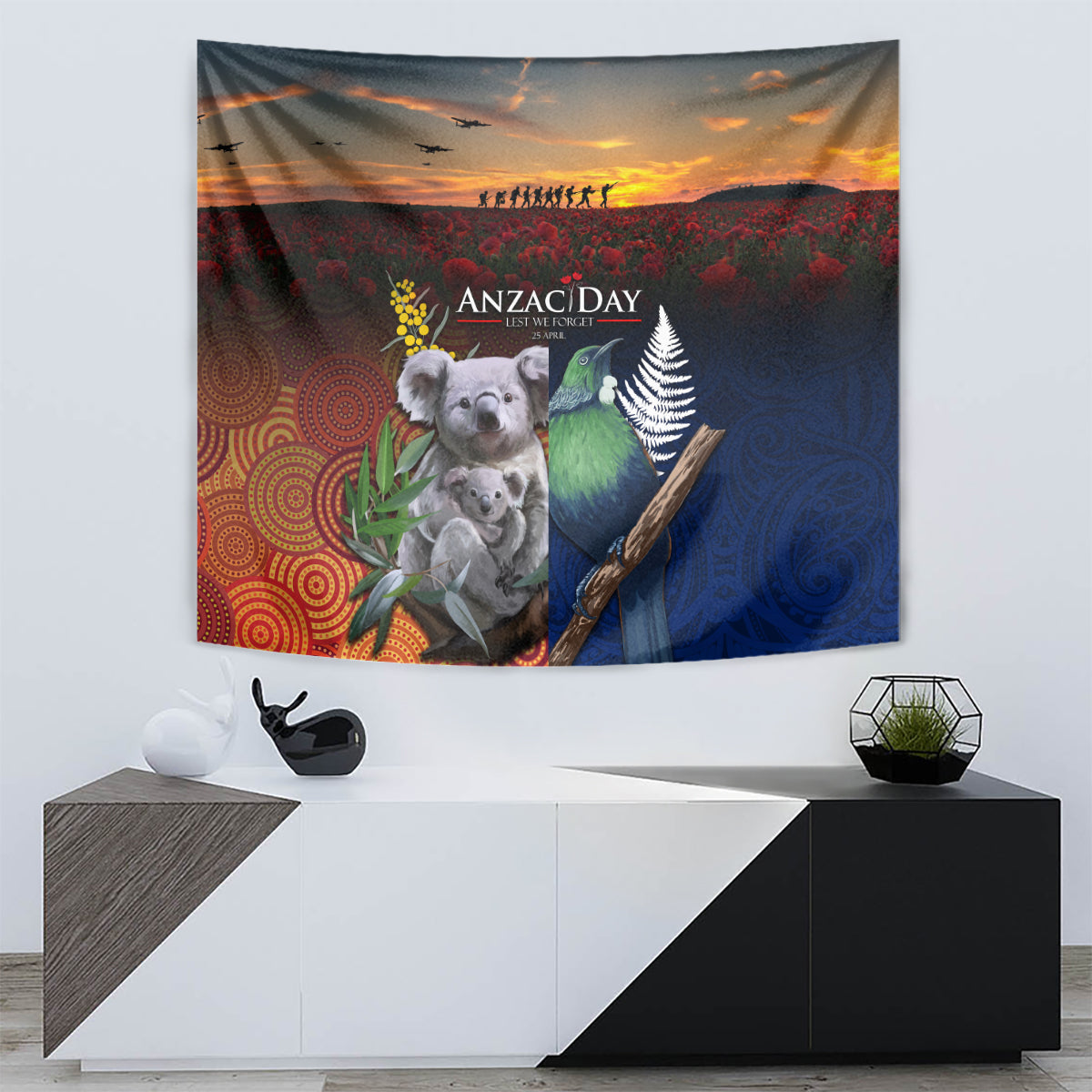 Australia and New Zealand ANZAC Day Tapestry Tui Bird and Koala mix Maori and Aboriginal Pattern - Vibe Hoodie Shop