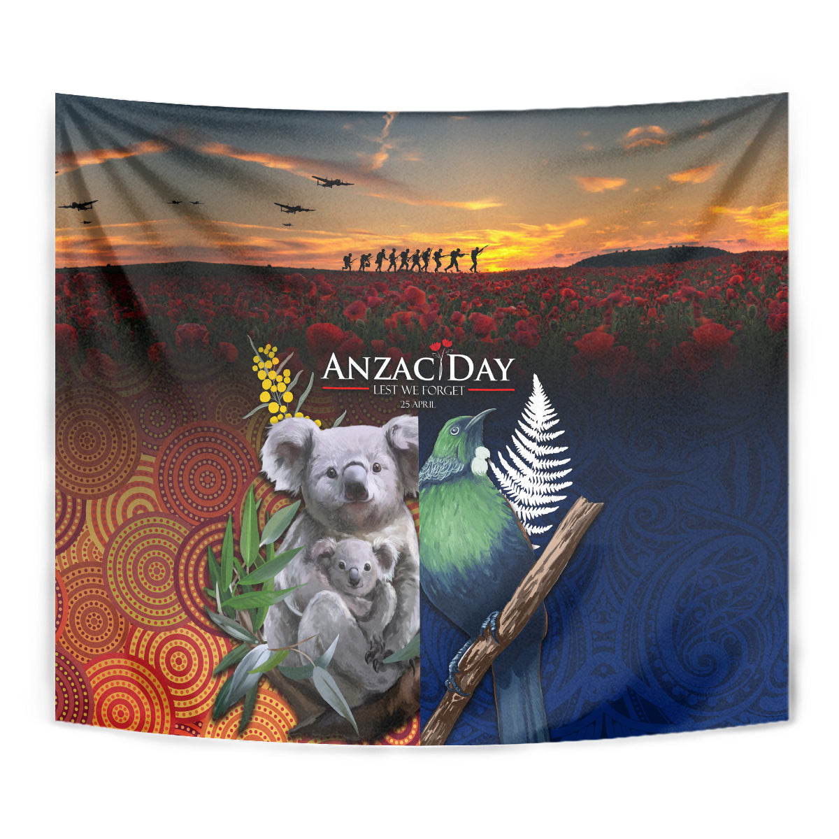 Australia and New Zealand ANZAC Day Tapestry Tui Bird and Koala mix Maori and Aboriginal Pattern - Vibe Hoodie Shop