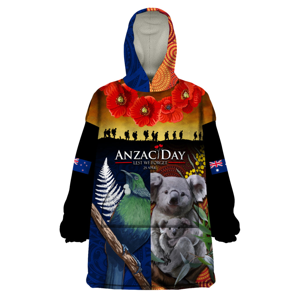 Australia and New Zealand ANZAC Day Wearable Blanket Hoodie Tui Bird and Koala mix Maori and Aboriginal Pattern - Vibe Hoodie Shop