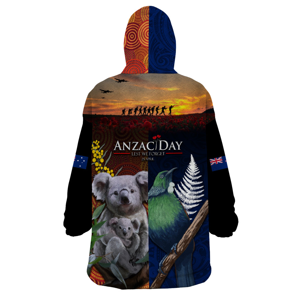 Australia and New Zealand ANZAC Day Wearable Blanket Hoodie Tui Bird and Koala mix Maori and Aboriginal Pattern - Vibe Hoodie Shop