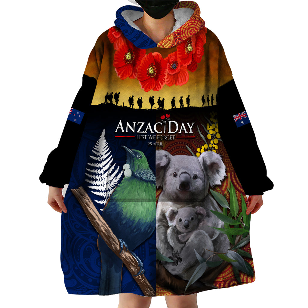 Australia and New Zealand ANZAC Day Wearable Blanket Hoodie Tui Bird and Koala mix Maori and Aboriginal Pattern - Vibe Hoodie Shop