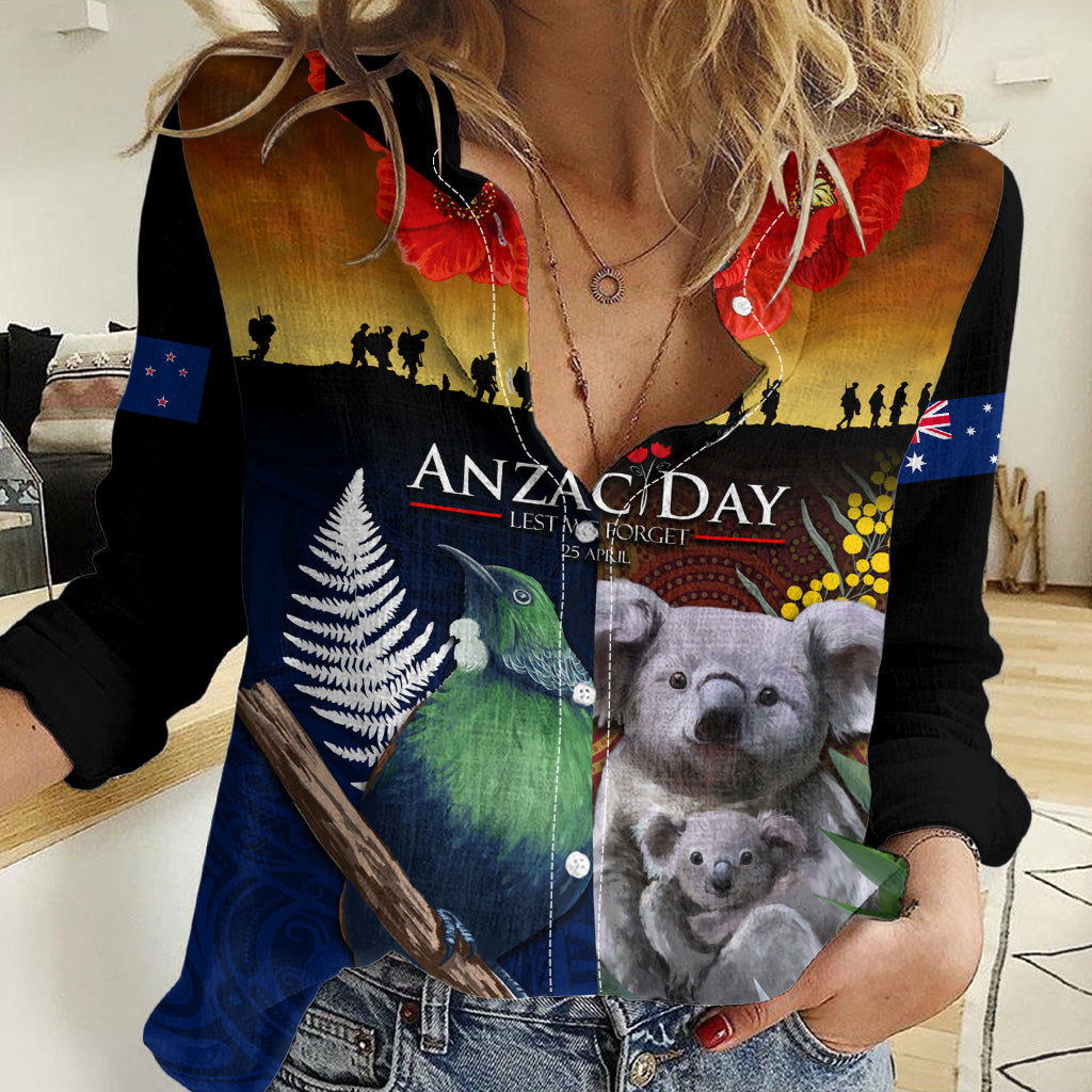Australia and New Zealand ANZAC Day Women Casual Shirt Tui Bird and Koala mix Maori and Aboriginal Pattern - Vibe Hoodie Shop