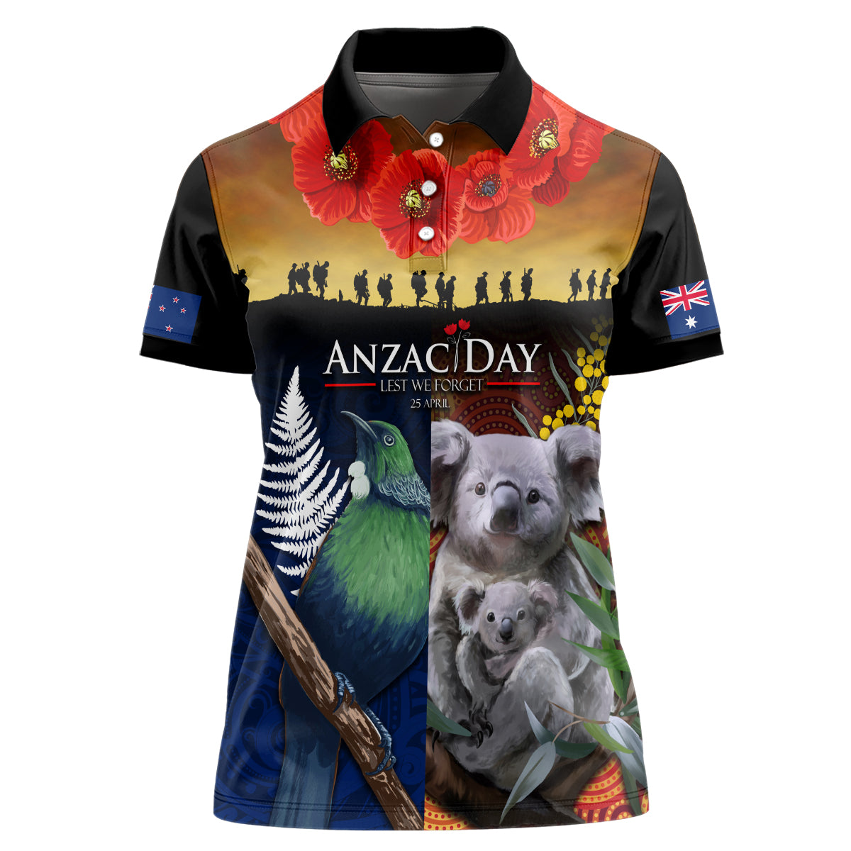 Australia and New Zealand ANZAC Day Women Polo Shirt Tui Bird and Koala mix Maori and Aboriginal Pattern - Vibe Hoodie Shop