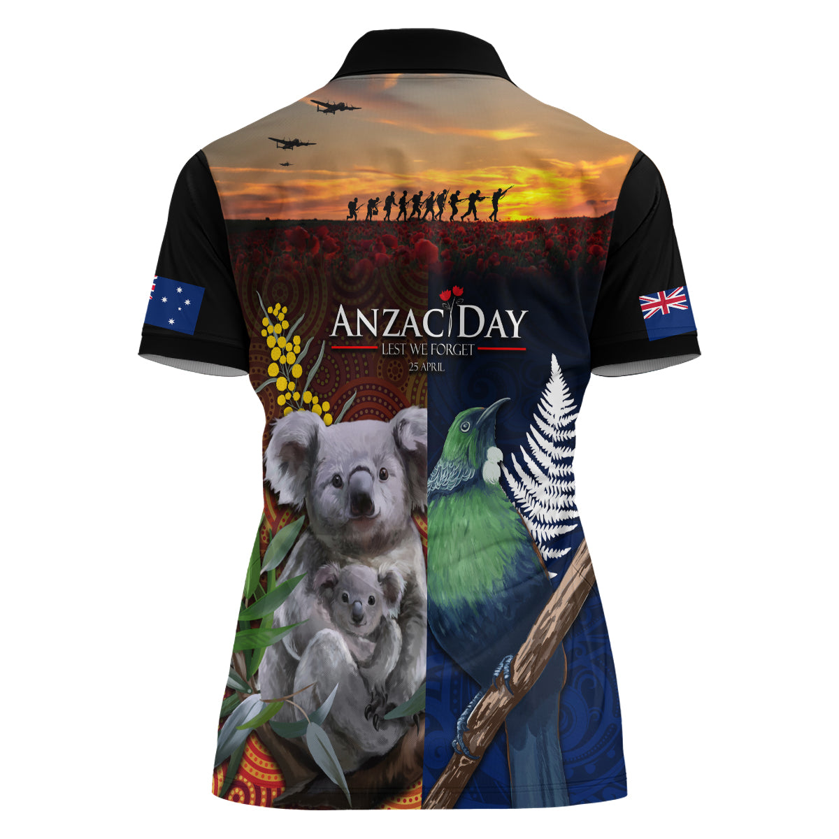 Australia and New Zealand ANZAC Day Women Polo Shirt Tui Bird and Koala mix Maori and Aboriginal Pattern - Vibe Hoodie Shop