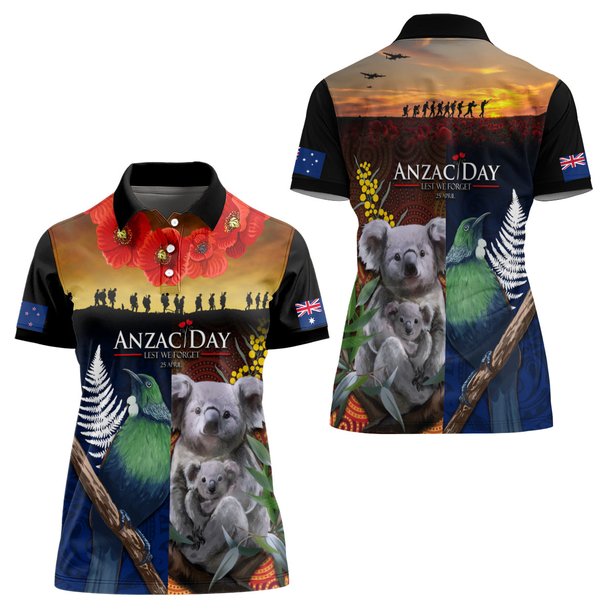 Australia and New Zealand ANZAC Day Women Polo Shirt Tui Bird and Koala mix Maori and Aboriginal Pattern - Vibe Hoodie Shop