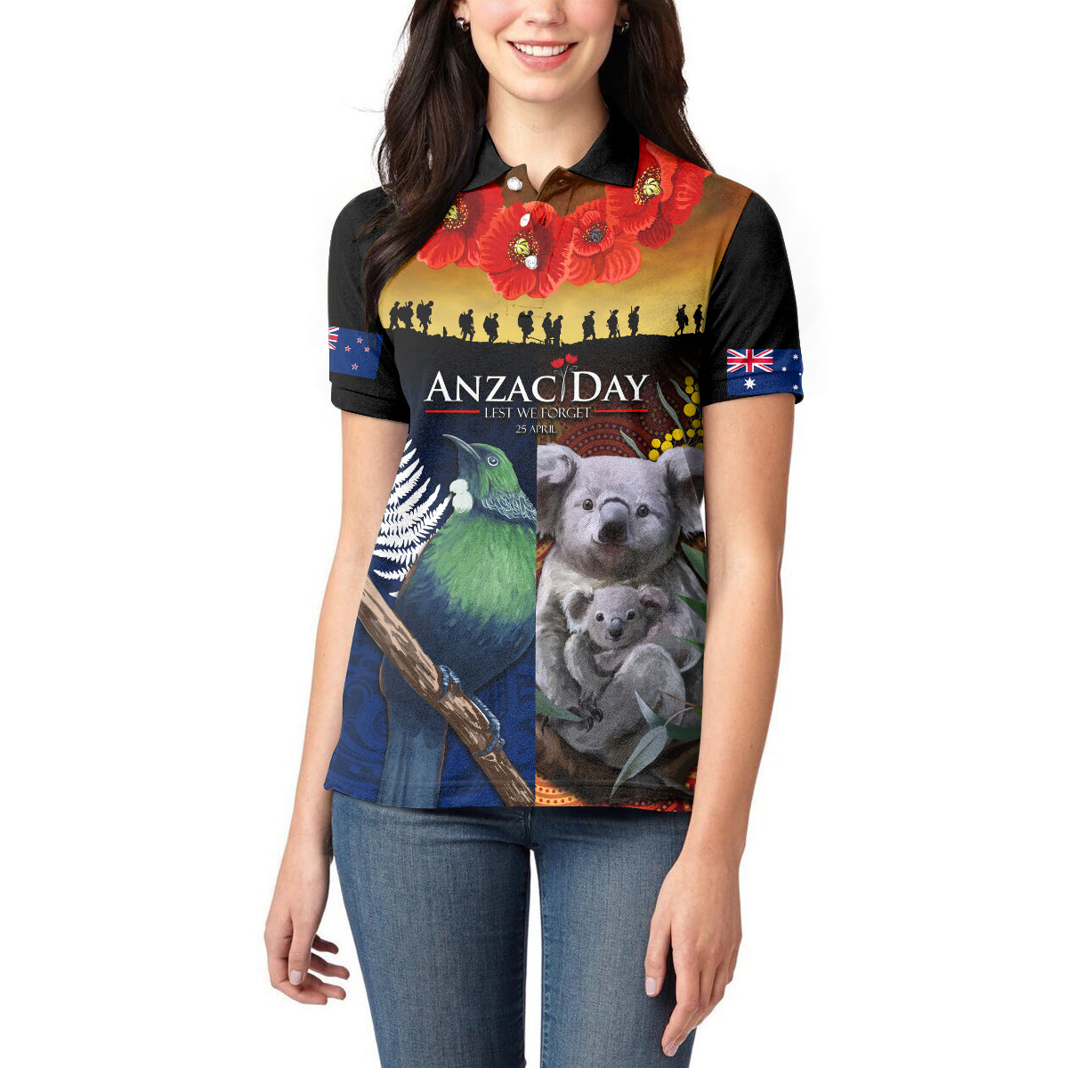 Australia and New Zealand ANZAC Day Women Polo Shirt Tui Bird and Koala mix Maori and Aboriginal Pattern - Vibe Hoodie Shop