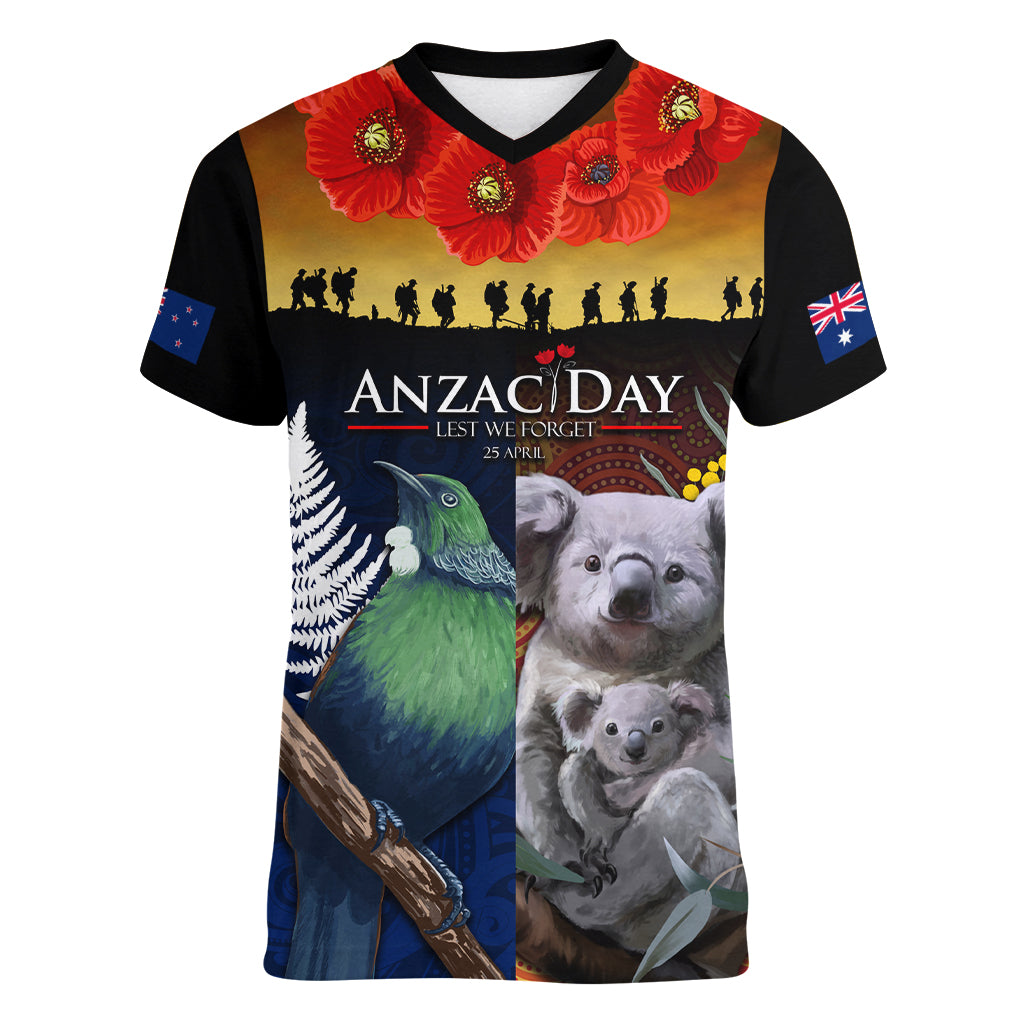 Australia and New Zealand ANZAC Day Women V Neck T Shirt Tui Bird and Koala mix Maori and Aboriginal Pattern - Vibe Hoodie Shop
