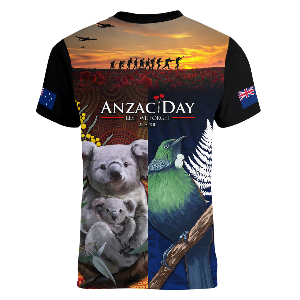Australia and New Zealand ANZAC Day Women V Neck T Shirt Tui Bird and Koala mix Maori and Aboriginal Pattern - Vibe Hoodie Shop