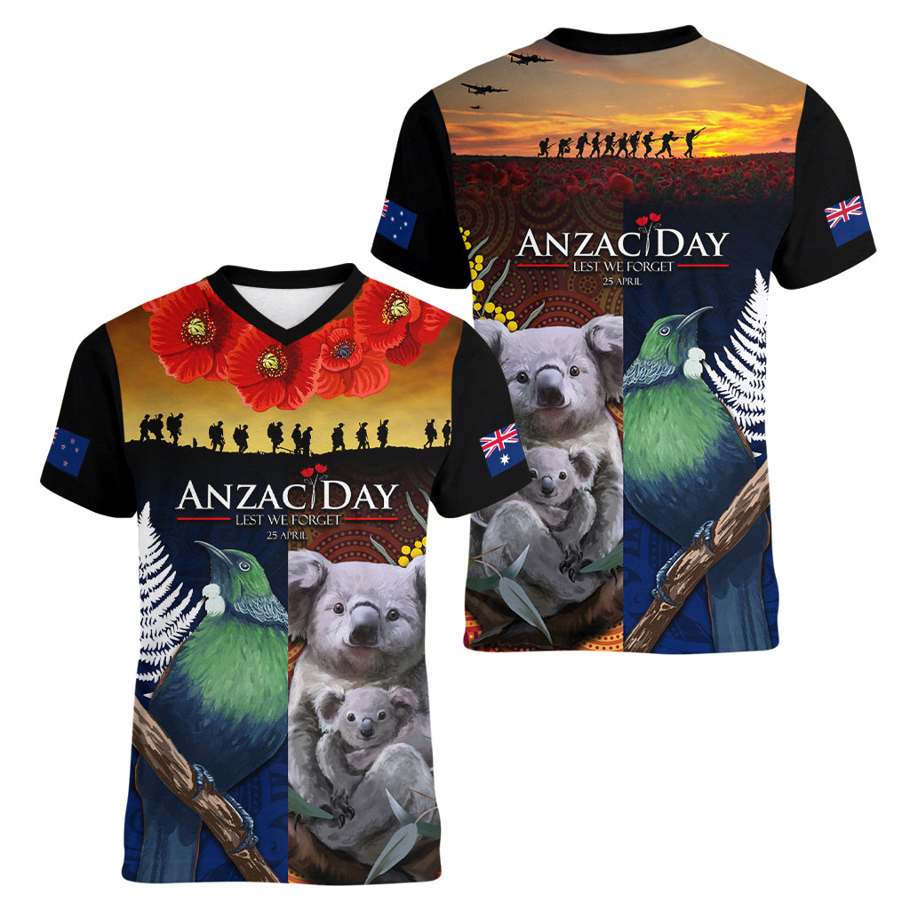 Australia and New Zealand ANZAC Day Women V Neck T Shirt Tui Bird and Koala mix Maori and Aboriginal Pattern - Vibe Hoodie Shop