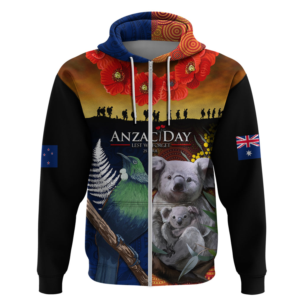 Australia and New Zealand ANZAC Day Zip Hoodie Tui Bird and Koala mix Maori and Aboriginal Pattern - Vibe Hoodie Shop