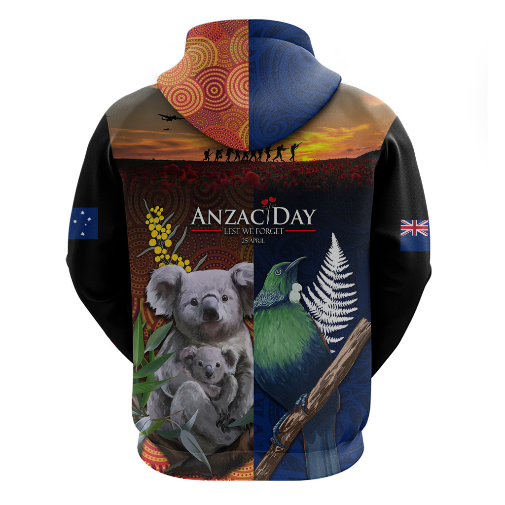 Australia and New Zealand ANZAC Day Zip Hoodie Tui Bird and Koala mix Maori and Aboriginal Pattern - Vibe Hoodie Shop