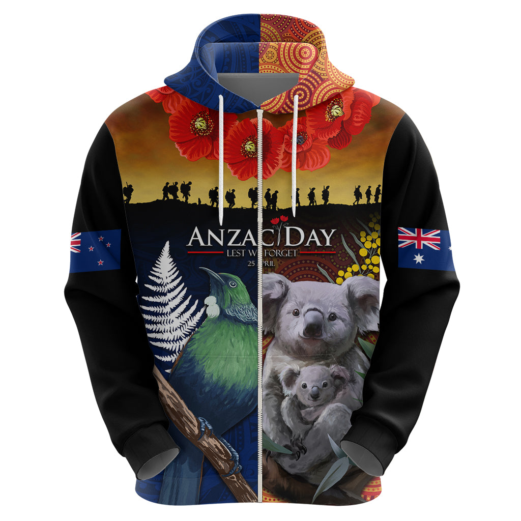 Australia and New Zealand ANZAC Day Zip Hoodie Tui Bird and Koala mix Maori and Aboriginal Pattern - Vibe Hoodie Shop
