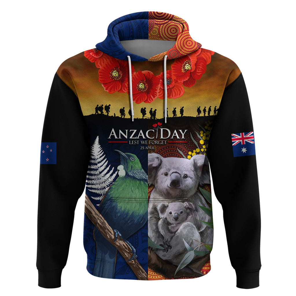 Australia and New Zealand ANZAC Day Zip Hoodie Tui Bird and Koala mix Maori and Aboriginal Pattern - Vibe Hoodie Shop