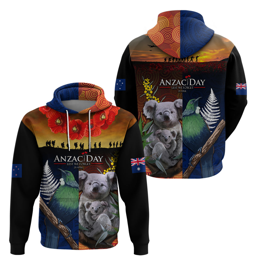 Australia and New Zealand ANZAC Day Zip Hoodie Tui Bird and Koala mix Maori and Aboriginal Pattern - Vibe Hoodie Shop