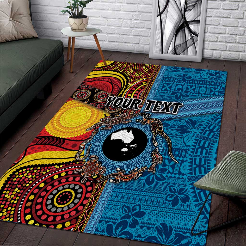 Personalised Australia and Fiji Together Area Rug Tribal Palm Tree with Tapa and Aboriginal Animals Half Style - Vibe Hoodie Shop