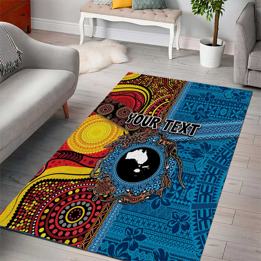 Personalised Australia and Fiji Together Area Rug Tribal Palm Tree with Tapa and Aboriginal Animals Half Style - Vibe Hoodie Shop