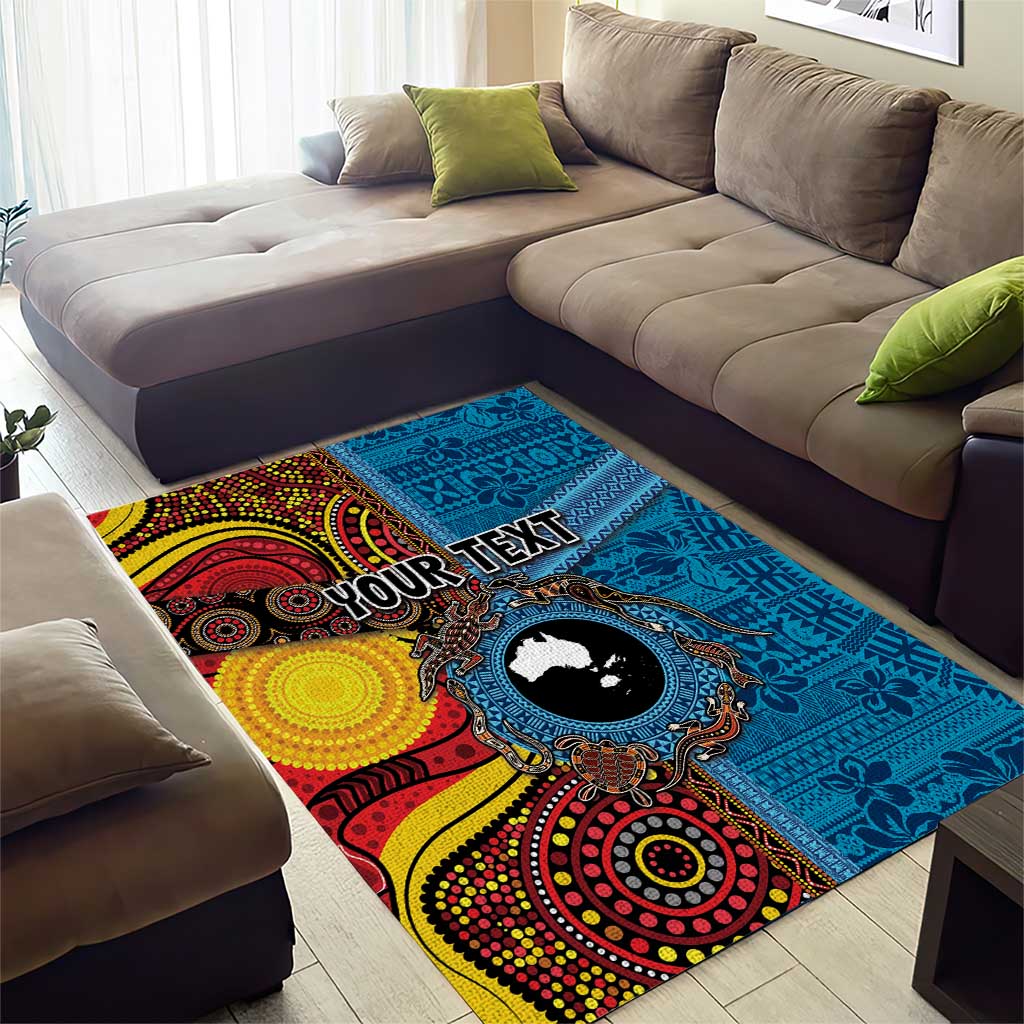 Personalised Australia and Fiji Together Area Rug Tribal Palm Tree with Tapa and Aboriginal Animals Half Style - Vibe Hoodie Shop