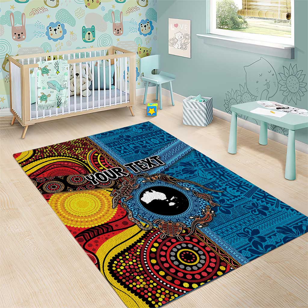 Personalised Australia and Fiji Together Area Rug Tribal Palm Tree with Tapa and Aboriginal Animals Half Style - Vibe Hoodie Shop