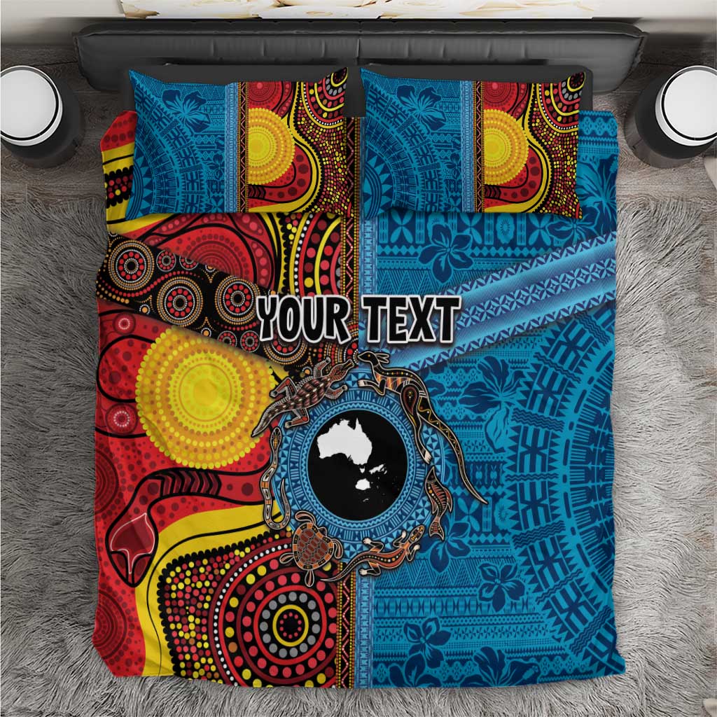 Personalised Australia and Fiji Together Bedding Set Tribal Palm Tree with Tapa and Aboriginal Animals Half Style - Vibe Hoodie Shop