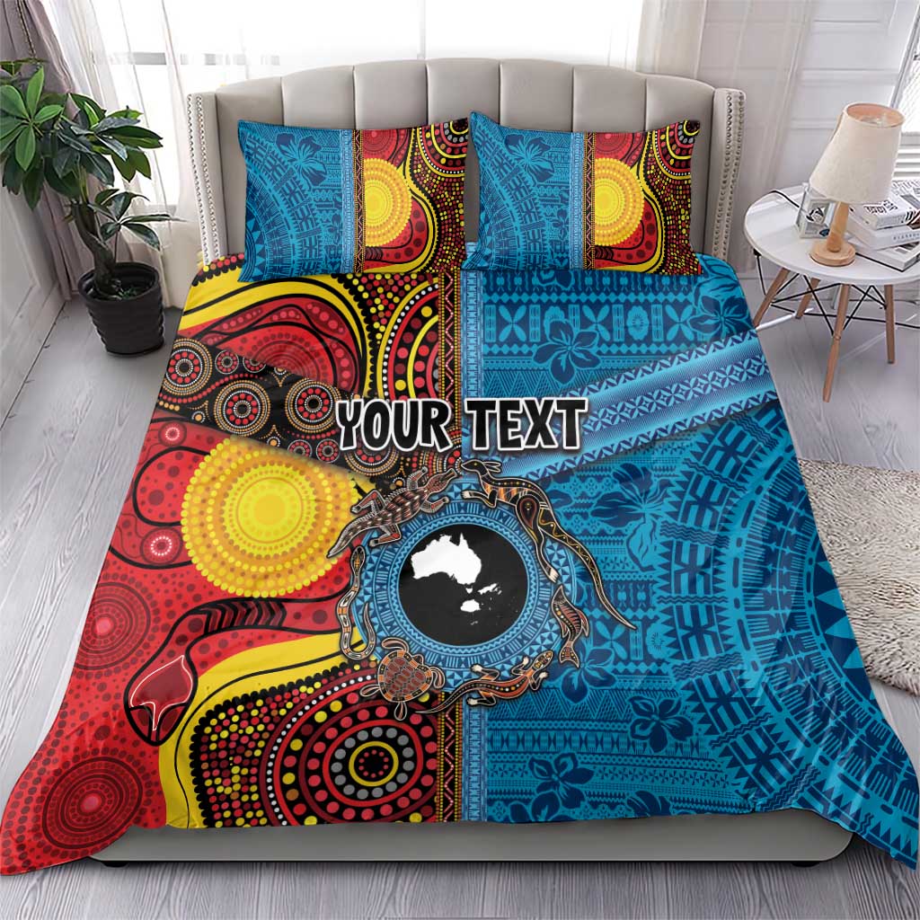 Personalised Australia and Fiji Together Bedding Set Tribal Palm Tree with Tapa and Aboriginal Animals Half Style - Vibe Hoodie Shop