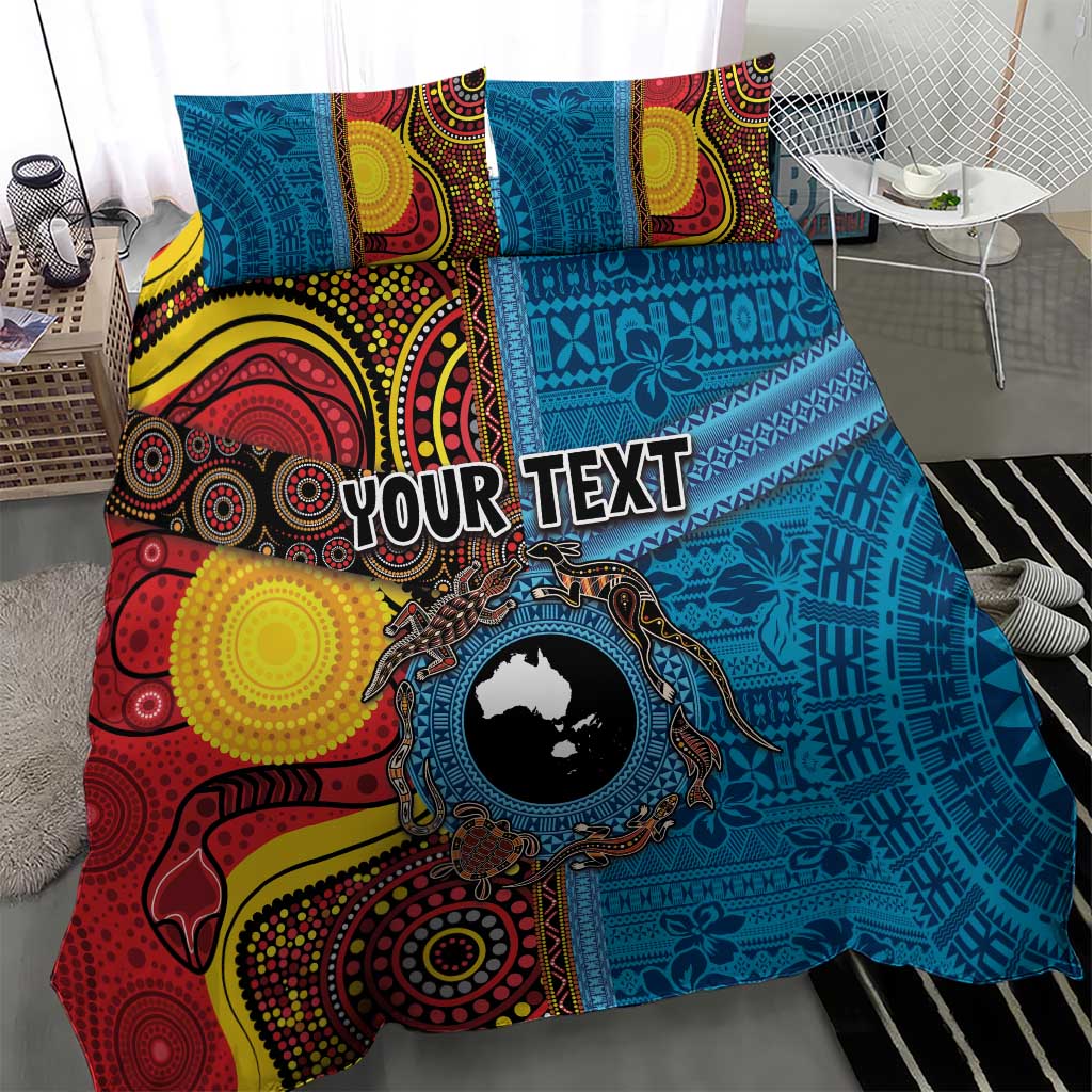 Personalised Australia and Fiji Together Bedding Set Tribal Palm Tree with Tapa and Aboriginal Animals Half Style - Vibe Hoodie Shop