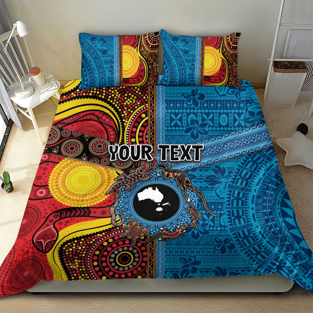 Personalised Australia and Fiji Together Bedding Set Tribal Palm Tree with Tapa and Aboriginal Animals Half Style - Vibe Hoodie Shop