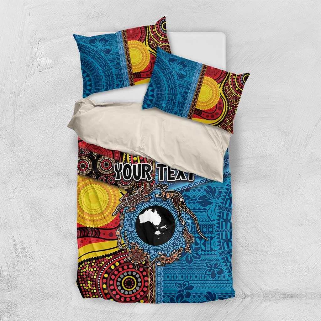 Personalised Australia and Fiji Together Bedding Set Tribal Palm Tree with Tapa and Aboriginal Animals Half Style - Vibe Hoodie Shop