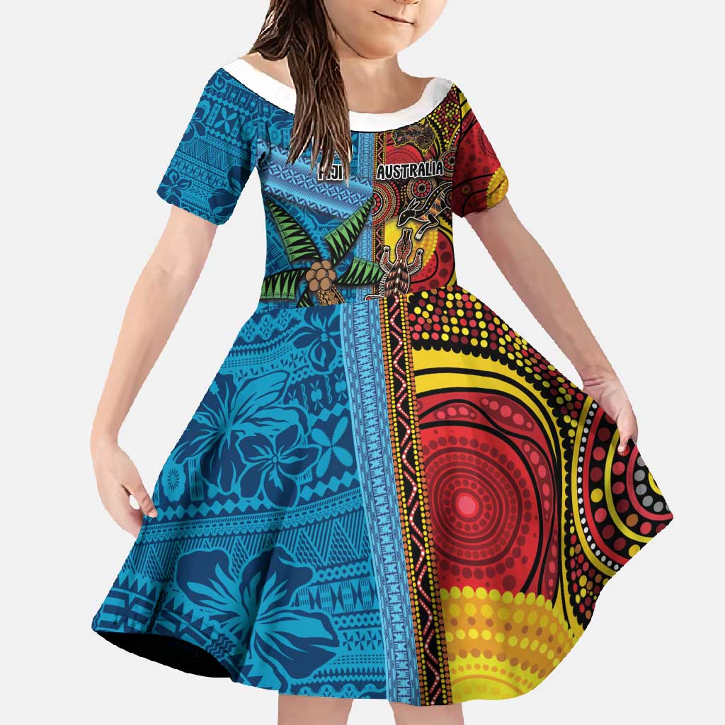 Personalised Australia and Fiji Together Family Matching Long Sleeve Bodycon Dress and Hawaiian Shirt Tribal Palm Tree with Tapa and Aboriginal Animals Half Style