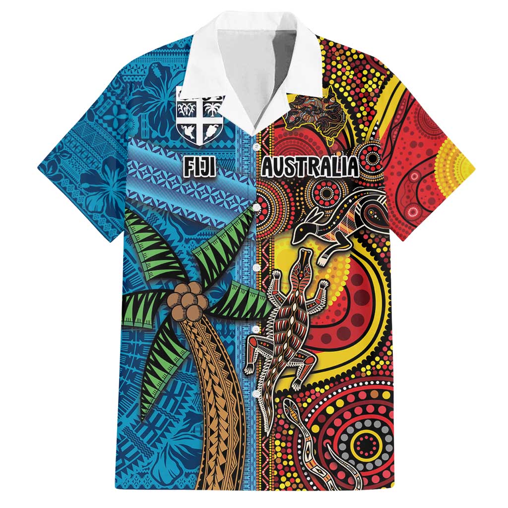 Personalised Australia and Fiji Together Family Matching Long Sleeve Bodycon Dress and Hawaiian Shirt Tribal Palm Tree with Tapa and Aboriginal Animals Half Style