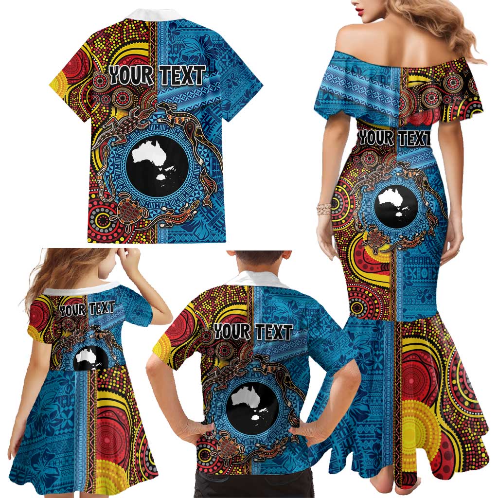 Personalised Australia and Fiji Together Family Matching Mermaid Dress and Hawaiian Shirt Tribal Palm Tree with Tapa and Aboriginal Animals Half Style