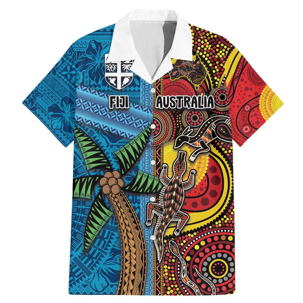 Personalised Australia and Fiji Together Family Matching Mermaid Dress and Hawaiian Shirt Tribal Palm Tree with Tapa and Aboriginal Animals Half Style