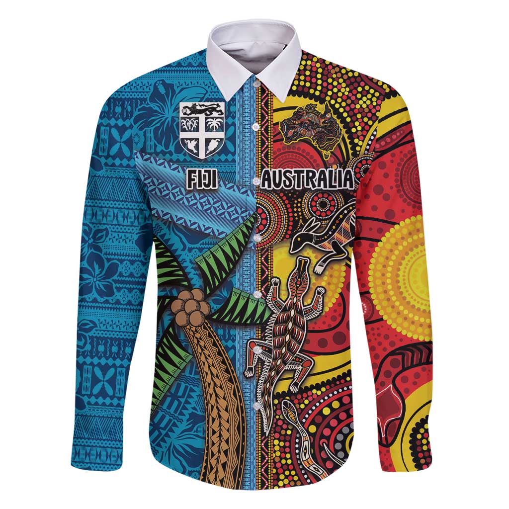 Personalised Australia and Fiji Together Family Matching Mermaid Dress and Hawaiian Shirt Tribal Palm Tree with Tapa and Aboriginal Animals Half Style