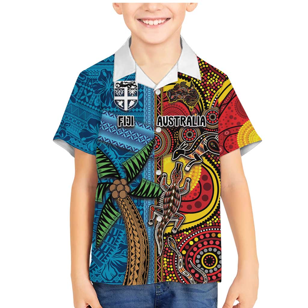 Personalised Australia and Fiji Together Family Matching Mermaid Dress and Hawaiian Shirt Tribal Palm Tree with Tapa and Aboriginal Animals Half Style