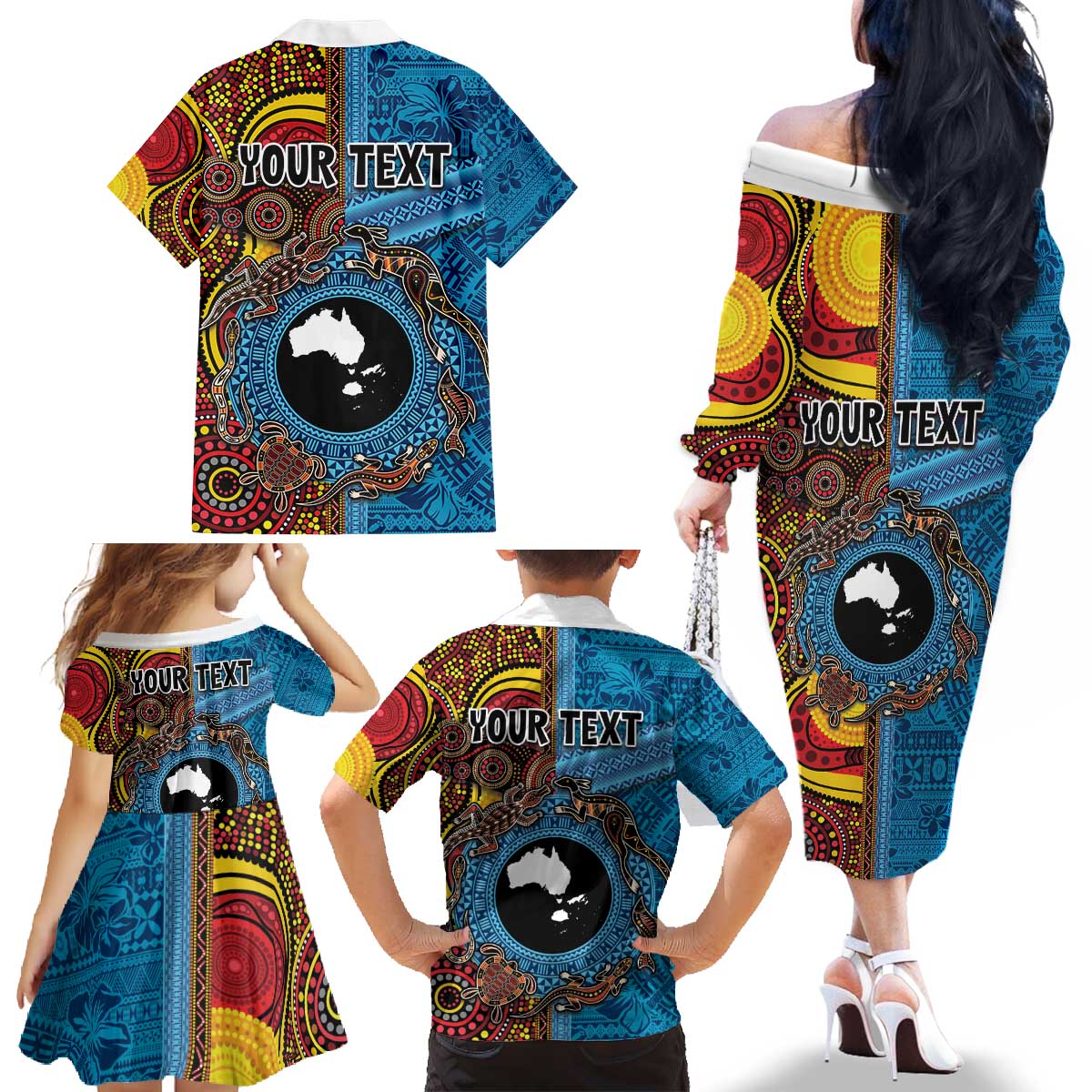 Personalised Australia and Fiji Together Family Matching Off The Shoulder Long Sleeve Dress and Hawaiian Shirt Tribal Palm Tree with Tapa and Aboriginal Animals Half Style