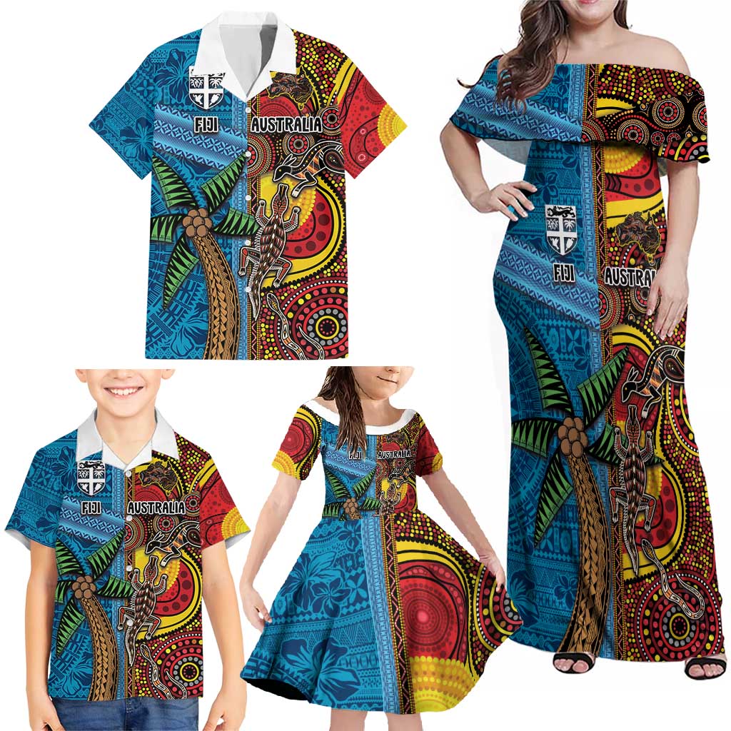 Personalised Australia and Fiji Together Family Matching Off Shoulder Maxi Dress and Hawaiian Shirt Tribal Palm Tree with Tapa and Aboriginal Animals Half Style