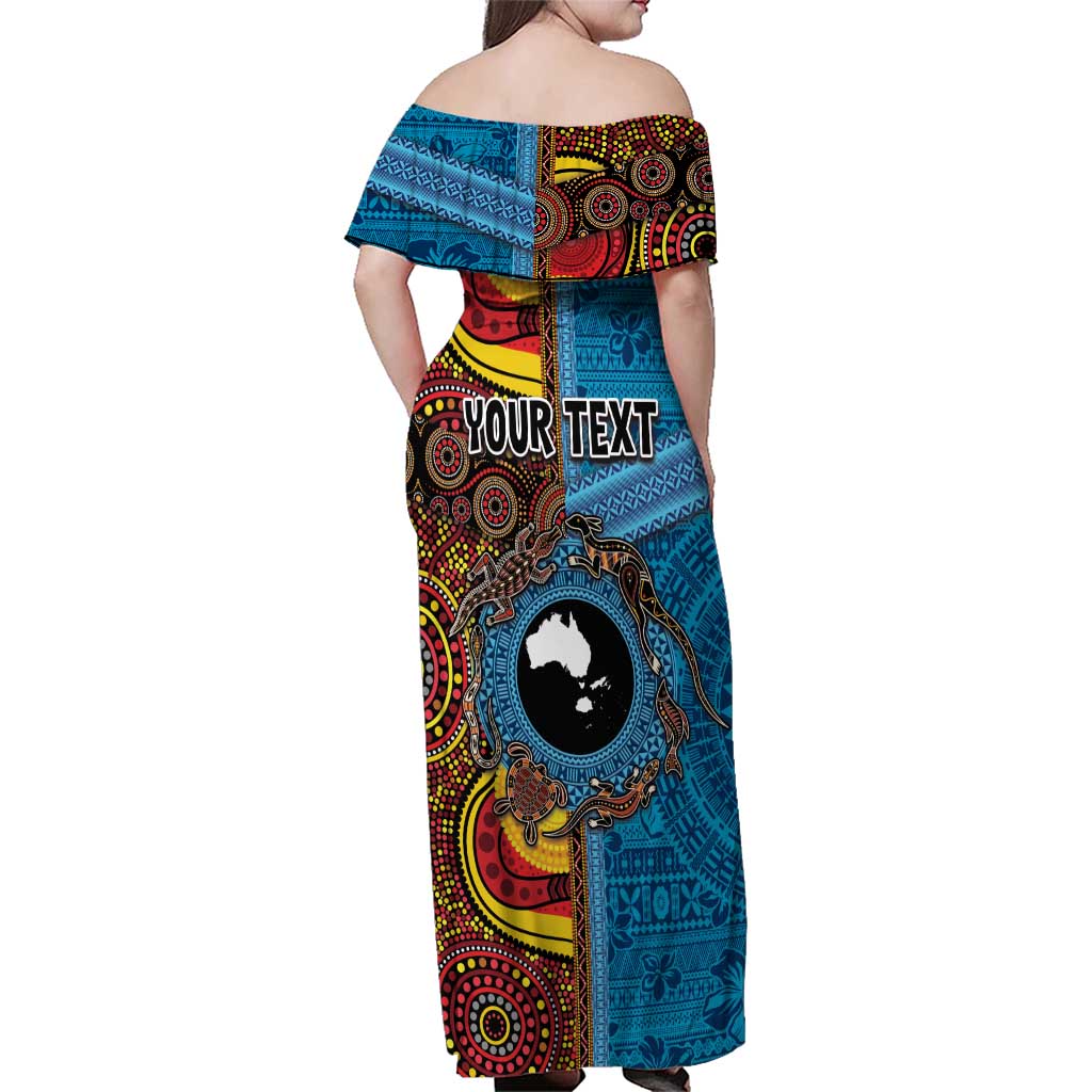 Personalised Australia and Fiji Together Family Matching Off Shoulder Maxi Dress and Hawaiian Shirt Tribal Palm Tree with Tapa and Aboriginal Animals Half Style