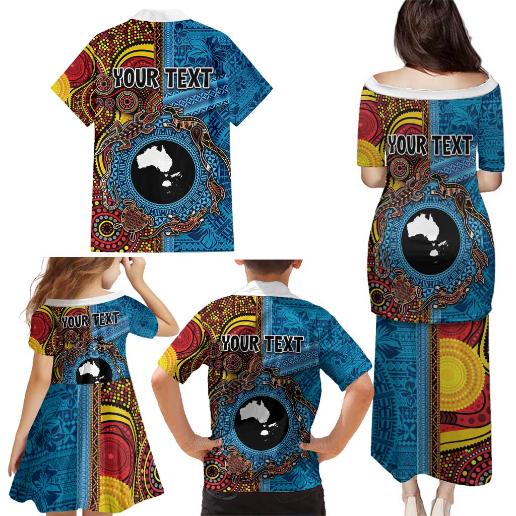 Personalised Australia and Fiji Together Family Matching Puletasi and Hawaiian Shirt Tribal Palm Tree with Tapa and Aboriginal Animals Half Style