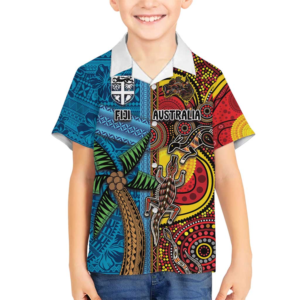 Personalised Australia and Fiji Together Family Matching Puletasi and Hawaiian Shirt Tribal Palm Tree with Tapa and Aboriginal Animals Half Style