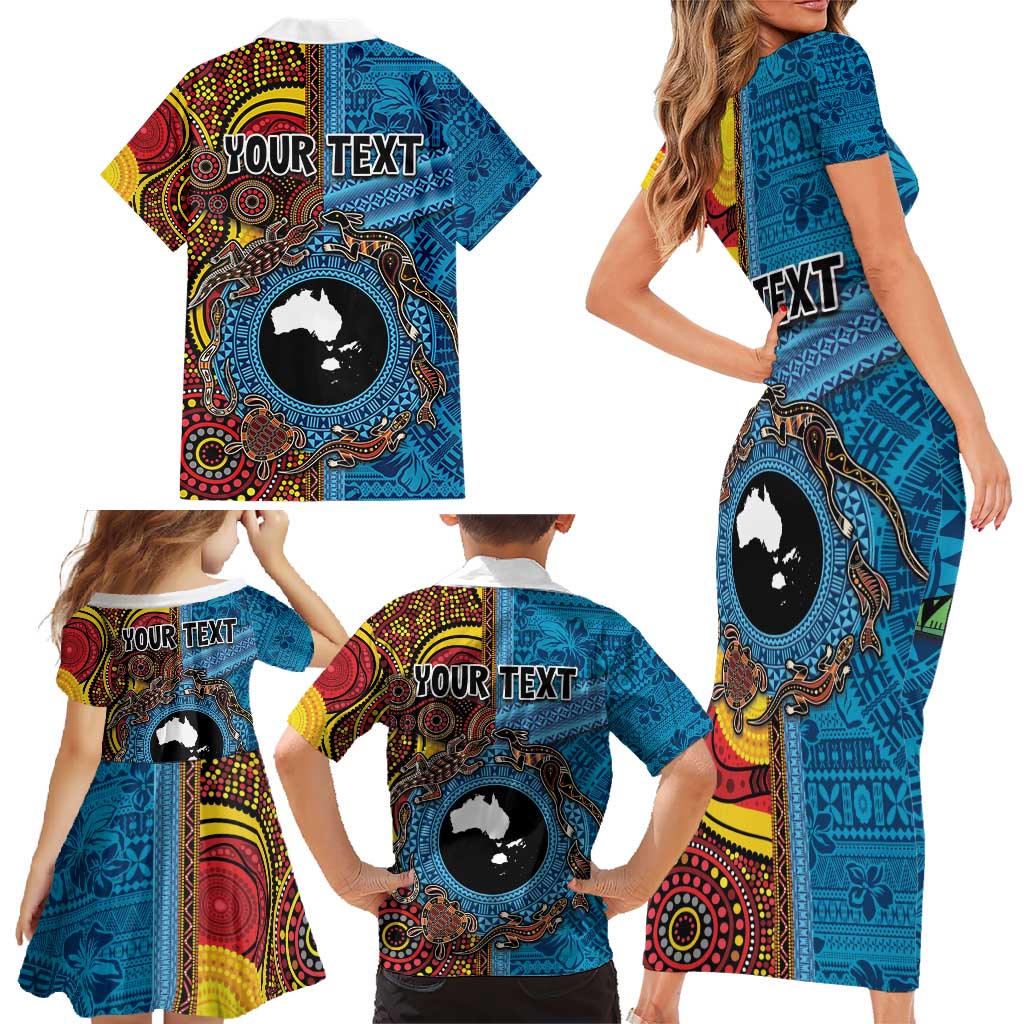 Personalised Australia and Fiji Together Family Matching Short Sleeve Bodycon Dress and Hawaiian Shirt Tribal Palm Tree with Tapa and Aboriginal Animals Half Style