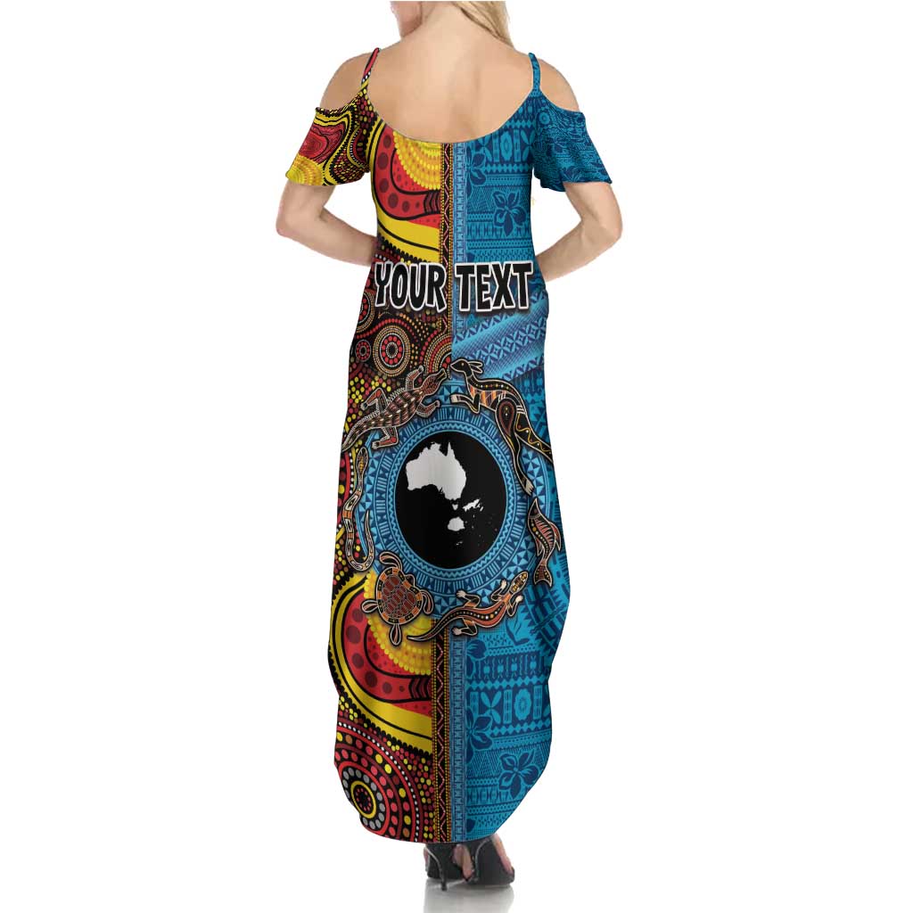 Personalised Australia and Fiji Together Family Matching Summer Maxi Dress and Hawaiian Shirt Tribal Palm Tree with Tapa and Aboriginal Animals Half Style