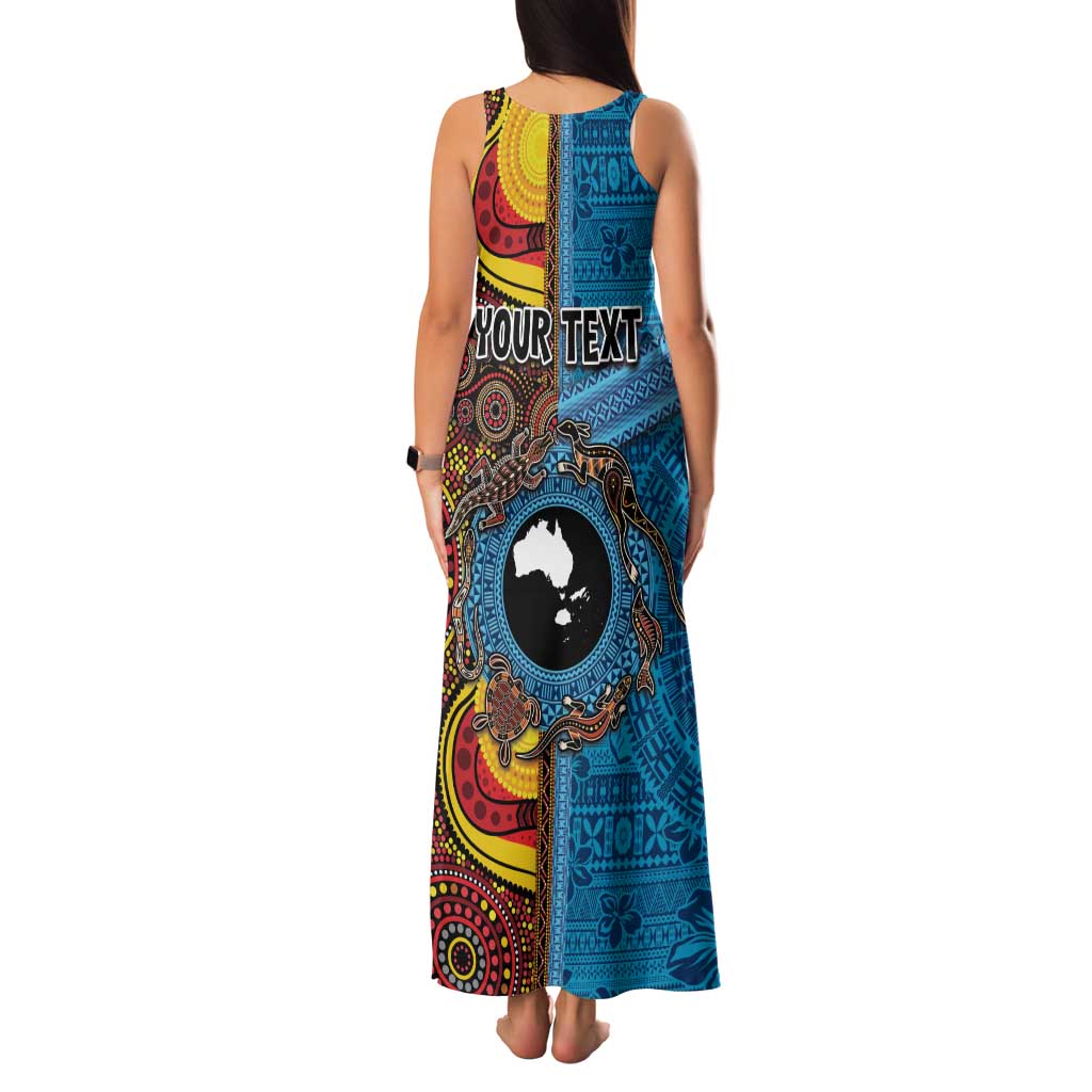 Personalised Australia and Fiji Together Family Matching Tank Maxi Dress and Hawaiian Shirt Tribal Palm Tree with Tapa and Aboriginal Animals Half Style