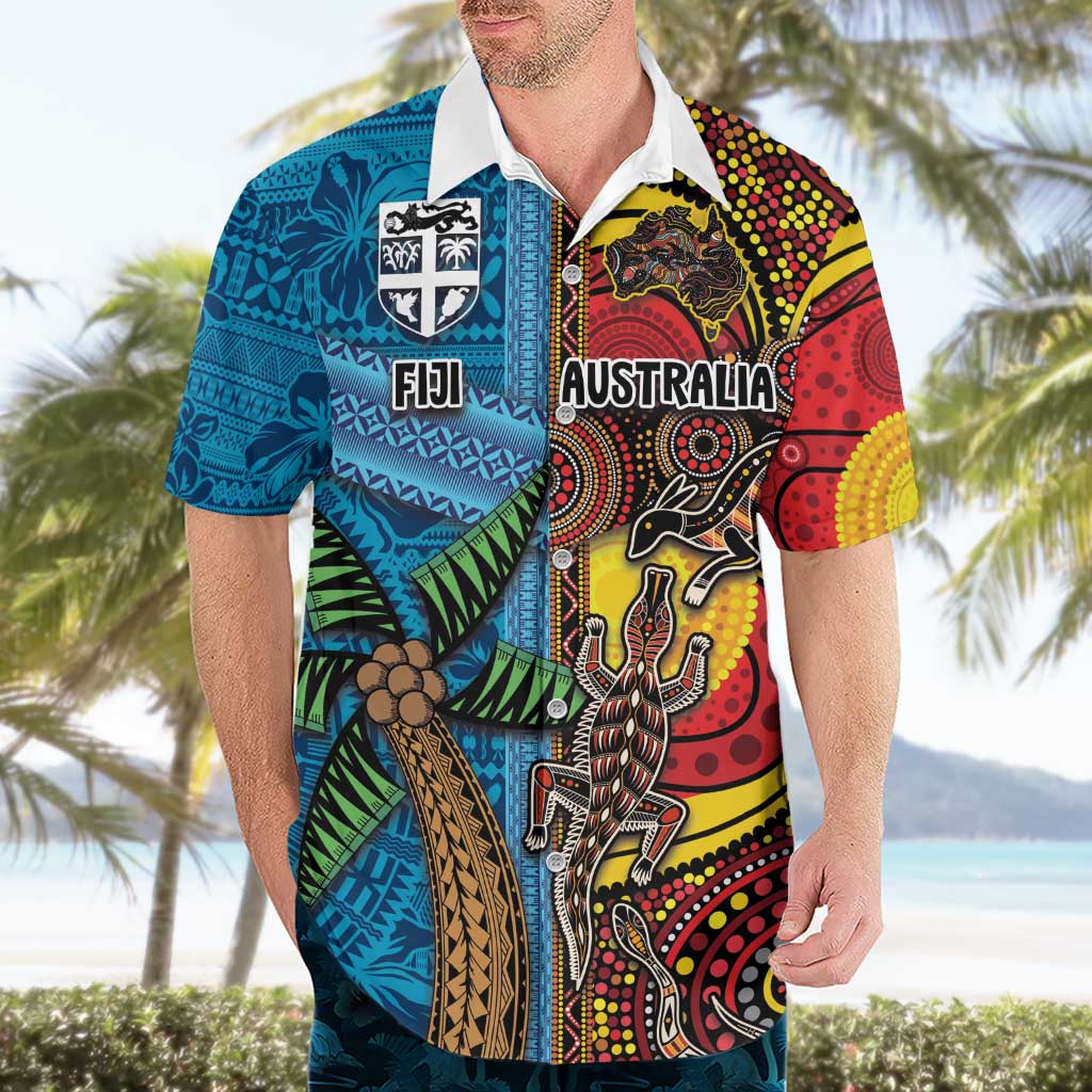 Personalised Australia and Fiji Together Hawaiian Shirt Tribal Palm Tree with Tapa and Aboriginal Animals Half Style - Vibe Hoodie Shop