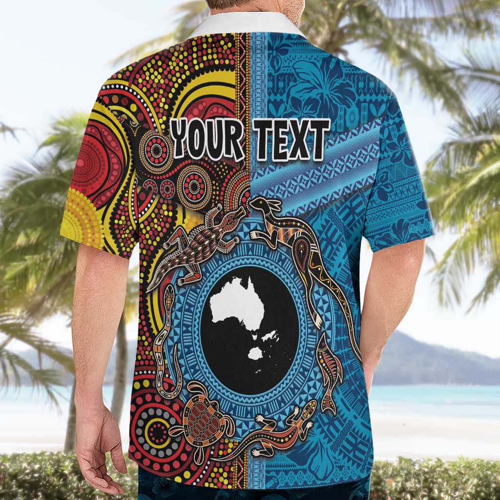 Personalised Australia and Fiji Together Hawaiian Shirt Tribal Palm Tree with Tapa and Aboriginal Animals Half Style - Vibe Hoodie Shop