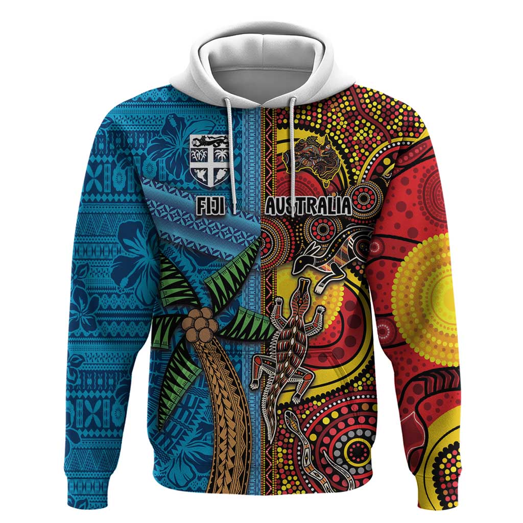 Personalised Australia and Fiji Together Hoodie Tribal Palm Tree with Tapa and Aboriginal Animals Half Style - Vibe Hoodie Shop