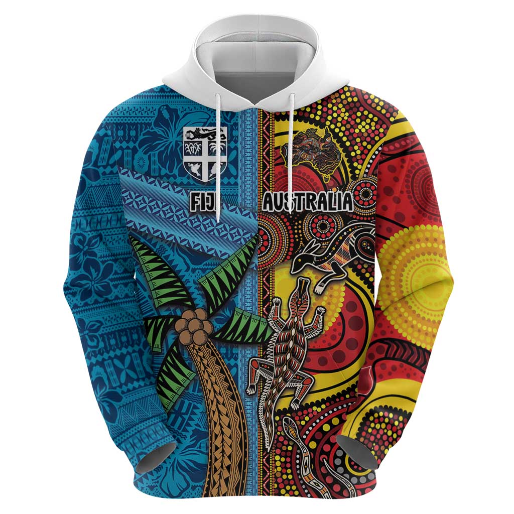 Personalised Australia and Fiji Together Hoodie Tribal Palm Tree with Tapa and Aboriginal Animals Half Style - Vibe Hoodie Shop