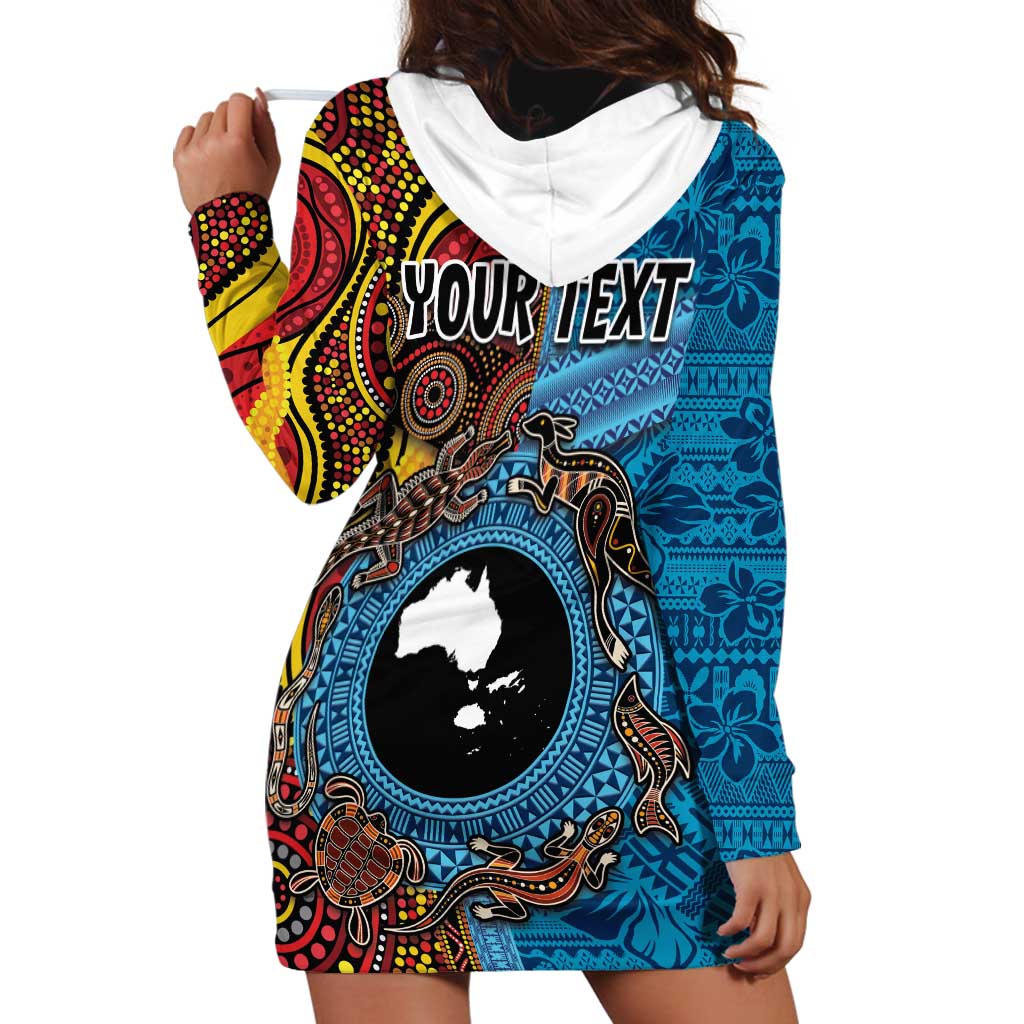 Personalised Australia and Fiji Together Hoodie Dress Tribal Palm Tree with Tapa and Aboriginal Animals Half Style - Vibe Hoodie Shop