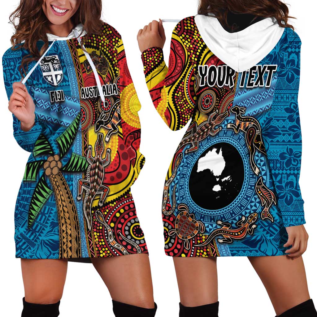 Personalised Australia and Fiji Together Hoodie Dress Tribal Palm Tree with Tapa and Aboriginal Animals Half Style - Vibe Hoodie Shop