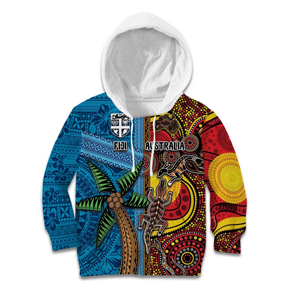 Personalised Australia and Fiji Together Kid Hoodie Tribal Palm Tree with Tapa and Aboriginal Animals Half Style - Vibe Hoodie Shop